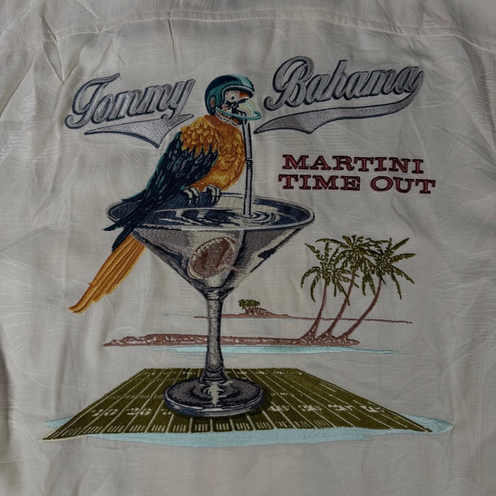 Tommy Bahama Silk Shirt Martini Time Out Football Parrot Embroidered M Cream Men